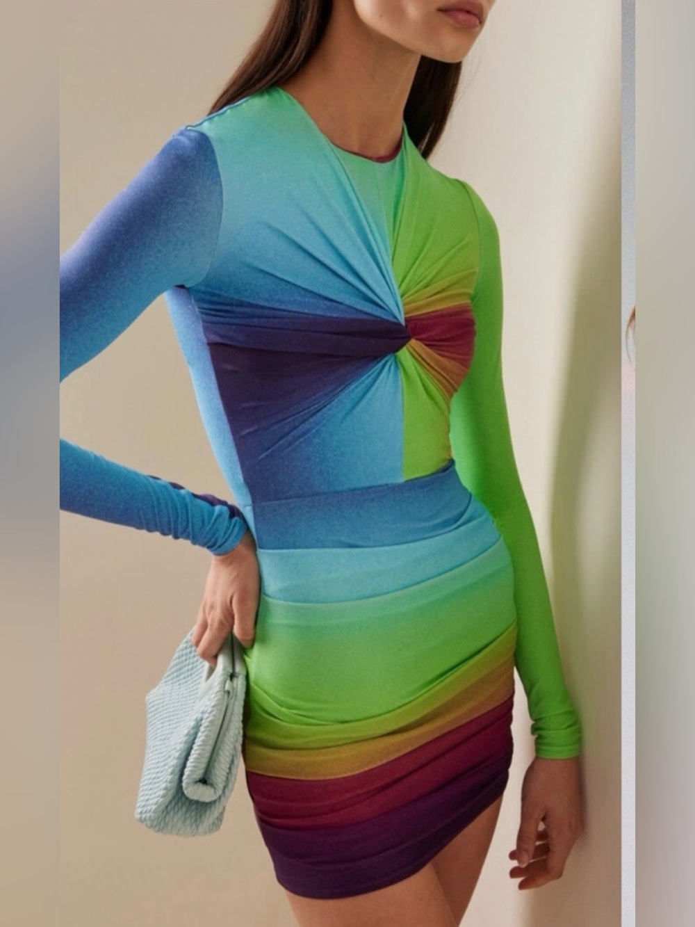 Alex Perry Multicolor Gradient Twist-Front Long-Sleeve Mini Dress